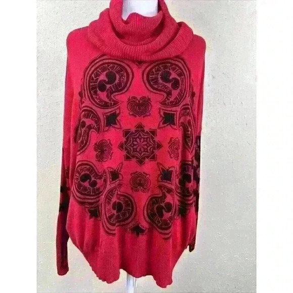 Desigual Red and Black Turtleneck Oversized Portland Sweater  Embellishment SZ L - Picture 1 of 14